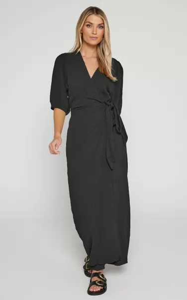 Women Nikkita Midi Dress - Puff Sleeve Wrap Dress In Black Basics Showpo