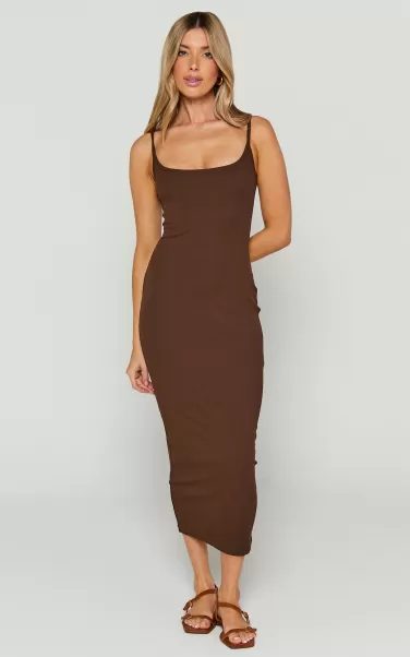 Women Reyneth Midi Dress - Low Back Bodycon Rib Dress In Chocolate Basics Showpo