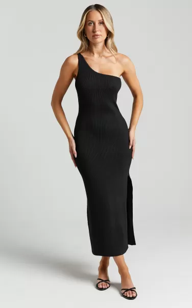 Women Basics Showpo Alexa Midi Dress - Knitted One Shoulder Thigh Split Dress In Black