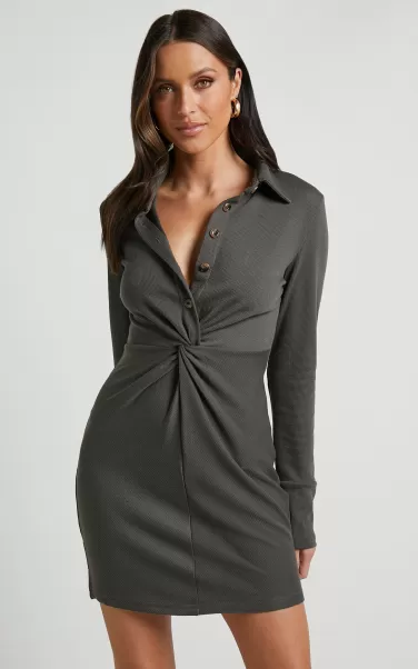 Women Showpo Jadine Mini Dress - Twist Front Long Sleeve Button Front Dress In Dark Olive Basics