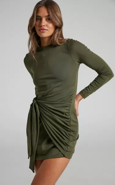 Marleen Mini Dress - Wrap Front Long Sleeve Bodycon Dress In Khaki Basics Women Showpo