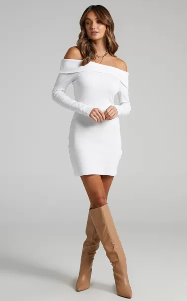 Showpo Basics Barker Mini Dress - Off Shoulder Bodycon Dress In Cream Women
