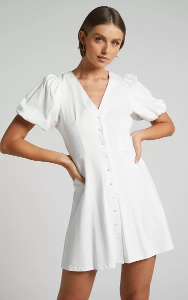 Rochelle Mini Dress - V Neck Button Through Dress In White Showpo Basics Women