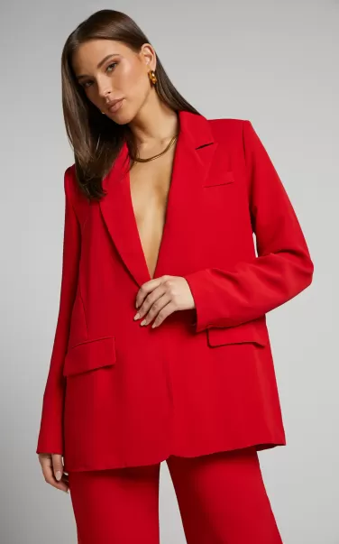 Showpo Blazers Michelle Blazer - Oversized Plunge Neck Button Up Blazer In Red Women
