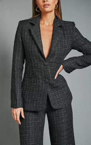 Showpo Women Dominik Blazer - Tweed Single Breasted Long Sleeve In Black Blazers