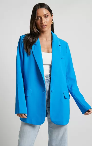 Blazers Michelle Blazer - Oversized Plunge Neck Button Up Blazer In Blue Showpo Women