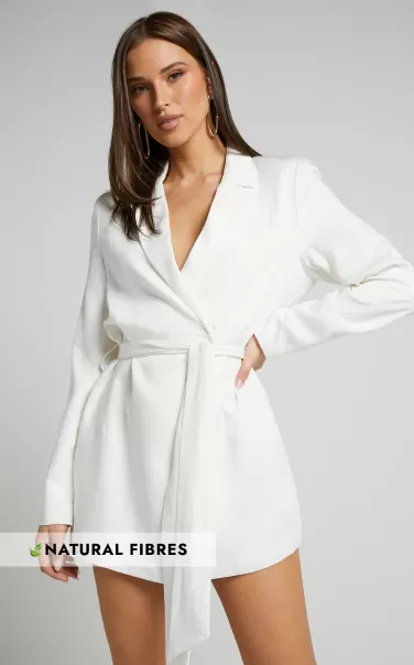 Women Amalie The Label - Lotte Linen Look Tie Waist Wrap Blazer Dress In White Blazers Showpo