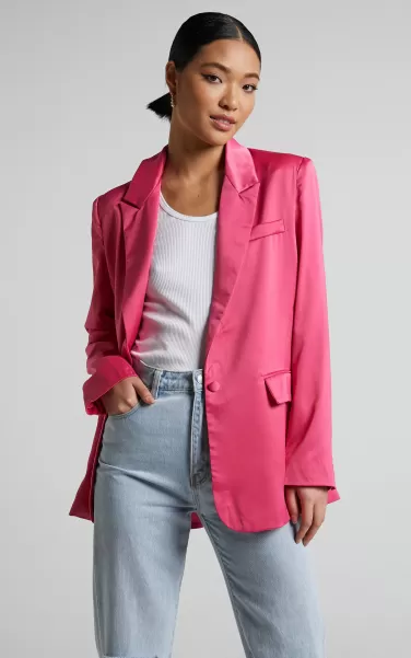 Jannie Blazer - Oversized Plunge Button Up Blazer In Pink Blazers Showpo Women