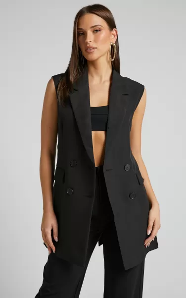 Women Blazers Showpo Kristitah Blazer Vest - Tie Waist Sleeveless Blazer In Black