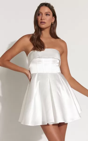 Women Showpo Valora Mini Dress - Strapless Fit And Flare Satin Dress In Ivory Curve Clothes
