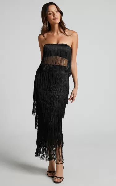 Women Showpo Curve Clothes Amalee Two Piece Set - Fringe Strapless Crop Top And Midi Skirt Set In Black