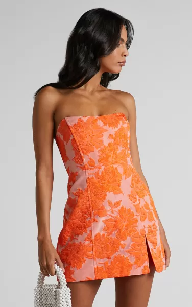 Curve Clothes Brailey Mini Dress - Strapless Dress In Orange  Jacquard Women Showpo
