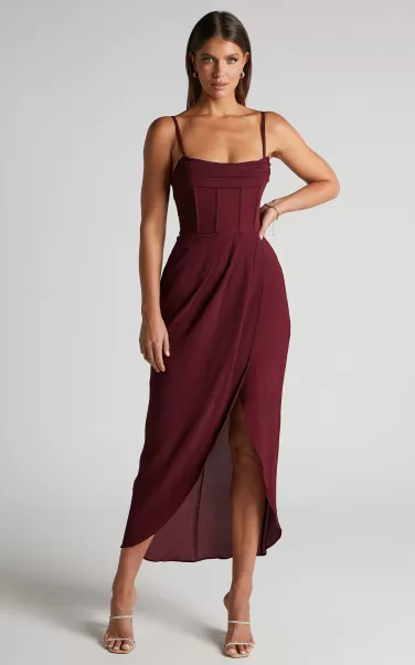 Showpo Andrina Midi Dress - High Low Wrap Corset Dress In Wine Curve Clothes Women
