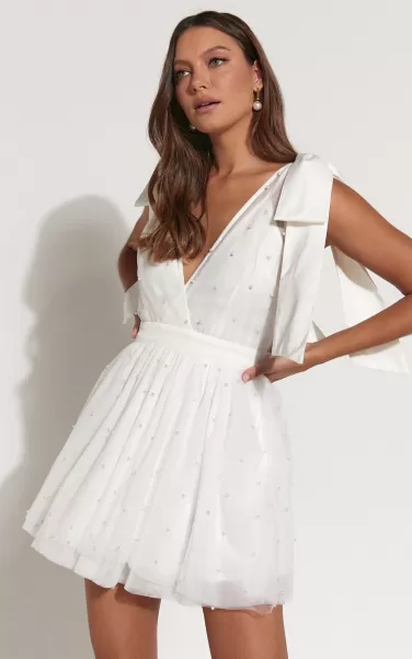 Curve Clothes Showpo Karalyn Mini Dress - Bow Strap Plunge Pearl Detail Dress In White Women