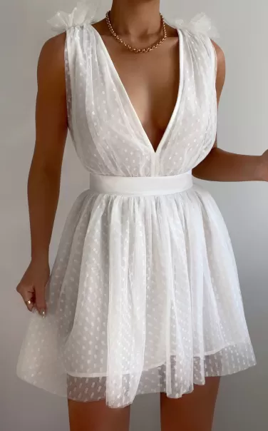Showpo Mariabella Mini Dress - Tulle Plunge Dress In White Curve Clothes Women