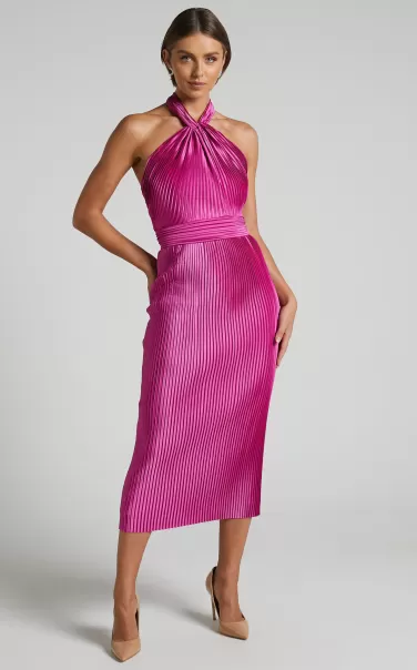 Women Showpo Marlette Midi Dress - Pleated Open Back Halter Dress In Grape Curve Clothes