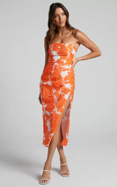 Curve Clothes Women Brailey Midi Dress - Thigh Split Strapless Dress In Orange & White Jacquard Showpo
