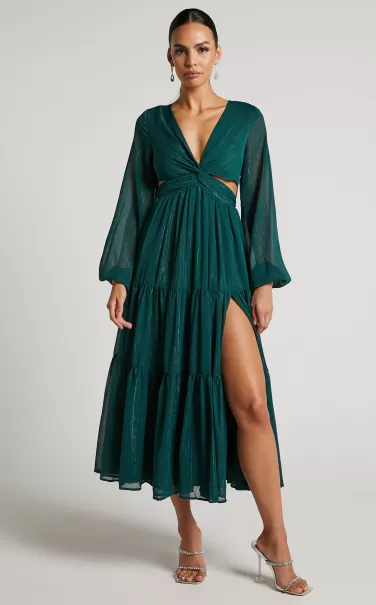 Edelyn Midi Dress - Cut Out Balloon Sleeve Tiered Dress In Emerald Curve Clothes Showpo Women