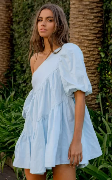Harleen Mini Dress - Linen Look Asymmetrical Trim Puff Sleeve Dress In Light Blue Curve Clothes Women Showpo
