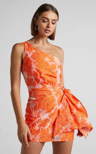 Curve Clothes Showpo Women Brailey Mini Dress - One Shoulder Wrap Front Dress In Orange Jacquard