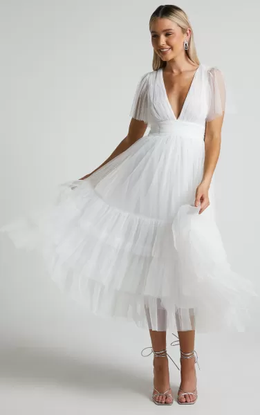 Showpo Women Curve Clothes Jiraye Midi Dress - Flutter Sleeve Tuelle Plunge Dress In White