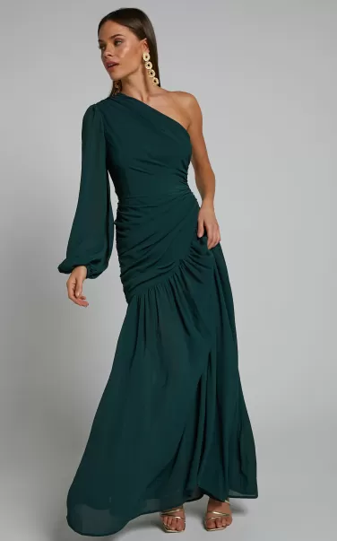 Curve Clothes Women Grittah Midi Dress - One Shoulder Bishop Sleeve High Split Ruched Dress In Emerald Showpo