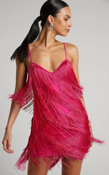 Siofra Mini Dress - Zig Zag Fringe Dress In Hot Pink Women Curve Clothes Showpo