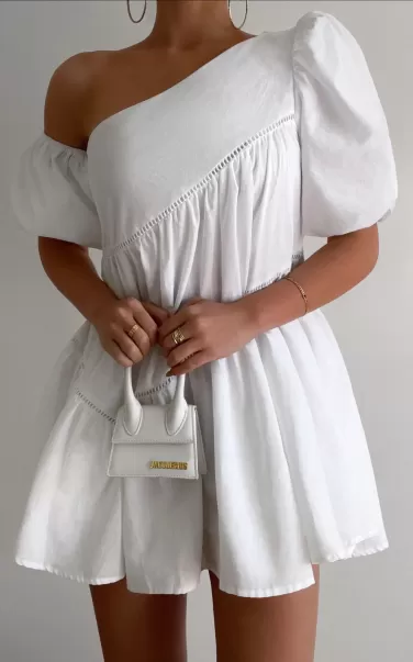 Showpo Harleen Mini Dress - Linen Look Asymmetrical Trim Puff Sleeve Dress In White Women Curve Clothes
