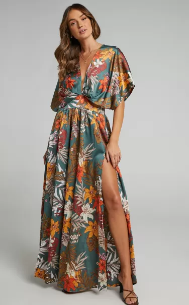 Vacay Ready Midi Dress - Plunge Thigh Split Dress In Teal Floral Satin Curve Clothes Showpo Women