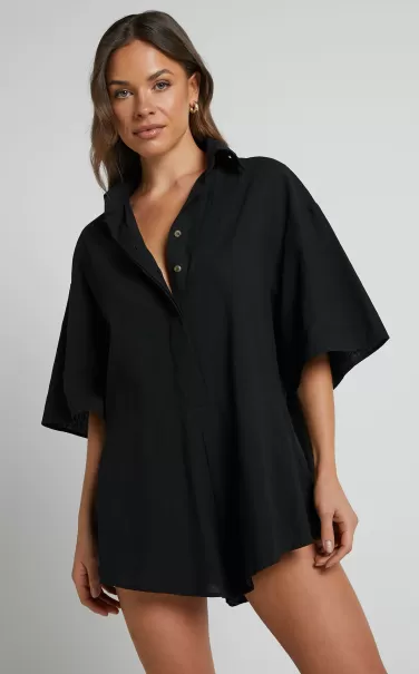Curve Clothes Ankana Playsuit - Short Sleeve Relaxed Button Front Playsuit In Black Women Showpo