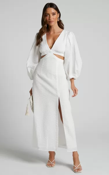 Showpo Women Curve Clothes Miggy Midi Dress - Puff Sleeve Cut Out Split Dress In White