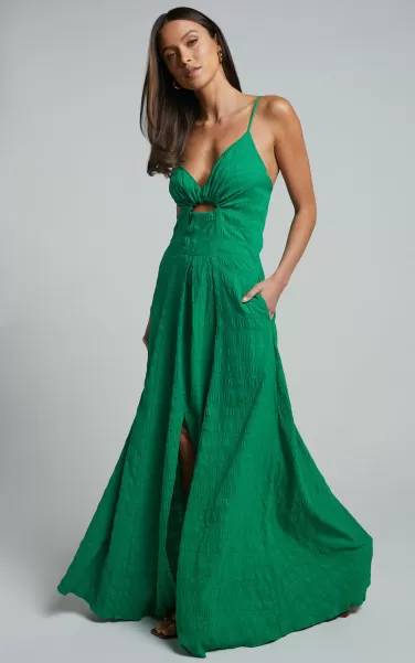 Showpo Marisse Maxi Dress - Cut Out Front Split Cross Back Textured Dress In Green Curve Clothes Women