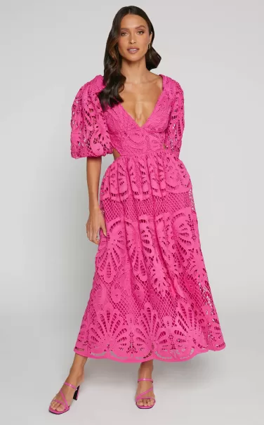 Anieshaya Midi Dress - V Neck Cut Out Lace Dress In Pink Curve Clothes Showpo Women