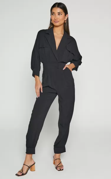 Ayelin Jumpsuit - Linen Look Relaxed 3/4 Sleeve Jumpsuit In Black Curve Clothes Showpo Women
