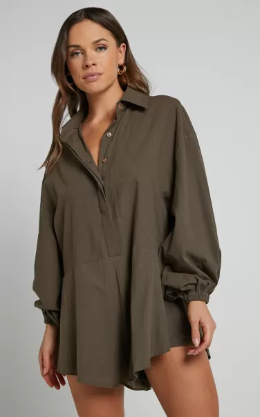 Curve Clothes Women Anka Playsuit - Relaxed Button Front Shirt Playsuit In Khaki Showpo