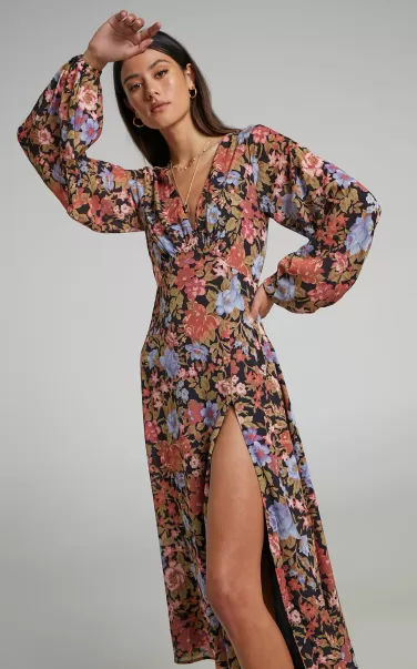 Showpo Women Curve Clothes Henny Midi Dress - Long Sleeve Split Dress In Dusk Floral