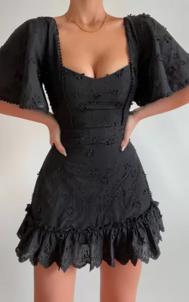 Fancy A Spritz Mini Dress - Square Neck Dress In Black Embroidery Showpo Women Curve Clothes