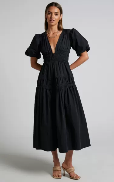 Mellie Midi Dress - Puff Sleeve Plunge Tiered Dress In Black Women Curve Clothes Showpo