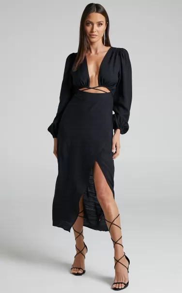 Women Curve Clothes Showpo Demieh Midi Dress - Front Cut Out Long Sleeve Dress In Black