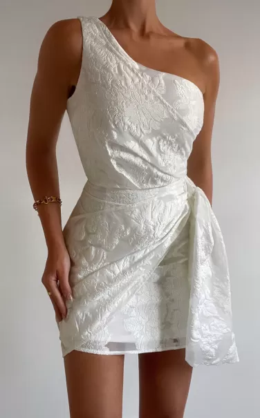 Women Showpo Brailey Mini Dress - One Shoulder Wrap Front Dress In White Jacquard Curve Clothes