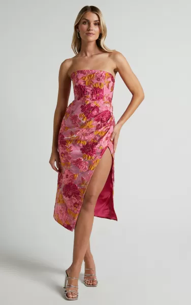 Brailey Midi Dress - Thigh Split Strapless Dress In Pink Jacquard Curve Clothes Showpo Women