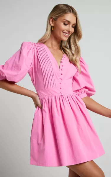 Zandra Mini Dress - Puff Sleeve Poplin Dress In Ice Pink Women Showpo Curve Clothes