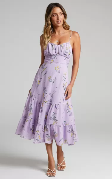 Women Showpo Monaco Midi Dress - Strappy Sweetheart Tiered Dress In Lavender Botanical Floral Curve Clothes