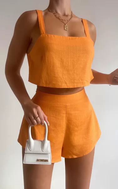 Women Curve Clothes Zanrie Two Piece Set - Linen Look Square Neck Crop Top And High Waist Mini Flare Shorts Set In Orange Showpo