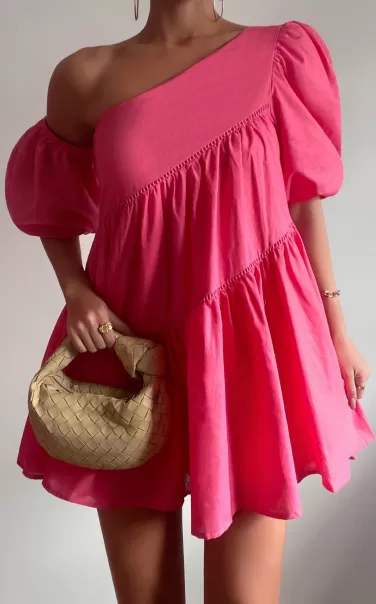 Showpo Curve Clothes Harleen Mini Dress - Linen Look Asymmetrical Trim Puff Sleeve Dress In Pink Women