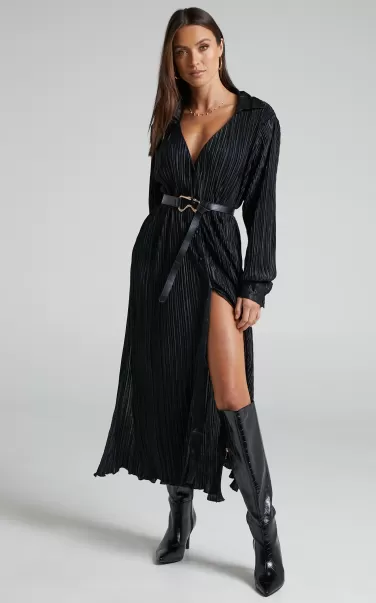 Curve Clothes Showpo Donelli Midi Dress - Plisse Oversized Collared Shirt Dress In Black Women