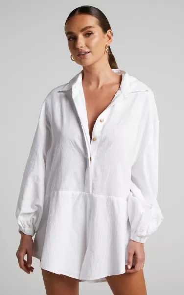 Curve Clothes Anka Playsuit - Relaxed Button Front Shirt Playsuit In White Showpo Women