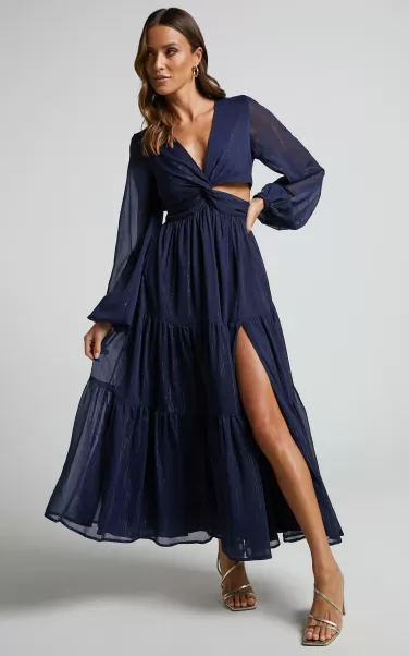 Edelyn Midi Dress - Cut Out Balloon Sleeve Tiered Dress In Navy Women Showpo Curve Clothes