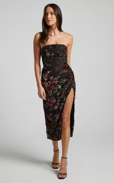 Women Curve Clothes Jessell Midi Dress - High Split Strapless Dress In Black Floral Showpo