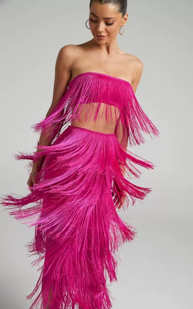Amalee Two Piece Set - Fringe Strapless Crop Top And Midi Skirt Set In Pink Showpo Curve Clothes Women